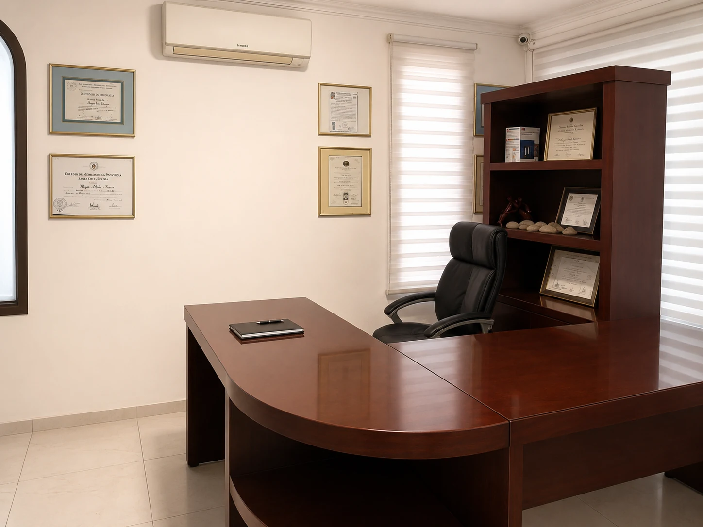 Consultorio privado del Dr. Achá, con escritorio y certificados